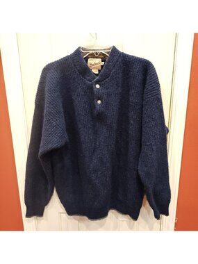 VTG Woolrich Sweater Mens 2XL Blue Wool Henley Handframed Heavyweight Woolmark